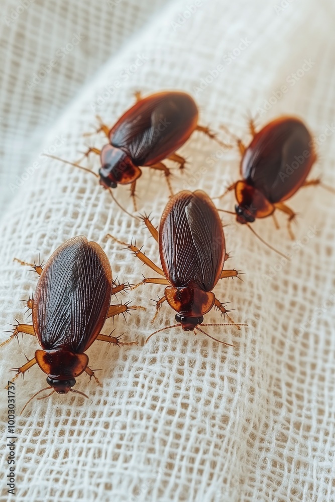 Close-up view of a cockroach on fabric, highlighting its distinct features and texture Close-up view of a cockroach on fabric, highlighting its distinct features and texture