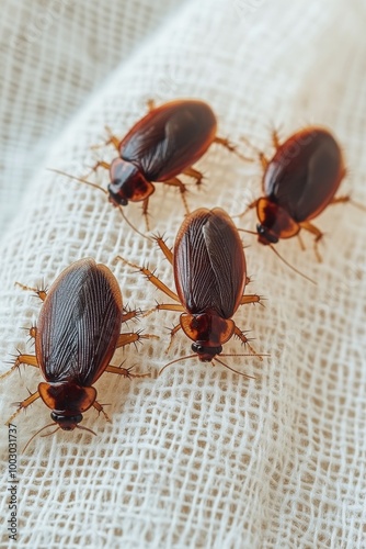 Close-up view of a cockroach on fabric, highlighting its distinct features an...