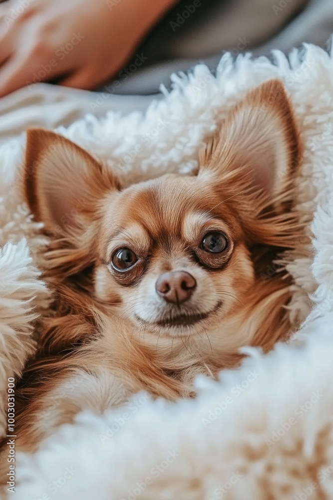 A cozy brown Chihuahua nestled in a soft blanket at home, enjoying relaxation time A cozy brown Chihuahua nestled in a soft blanket at home, enjoying relaxation time