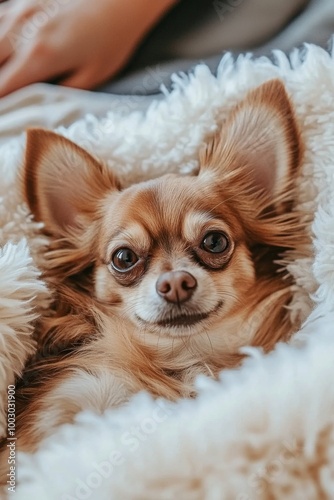 A cozy brown Chihuahua nestled in a soft blanket at home, enjoying relaxation...