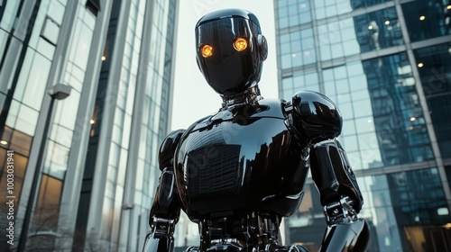 A mirror-like humanoid robot stands in a modern urban environment with reflec...