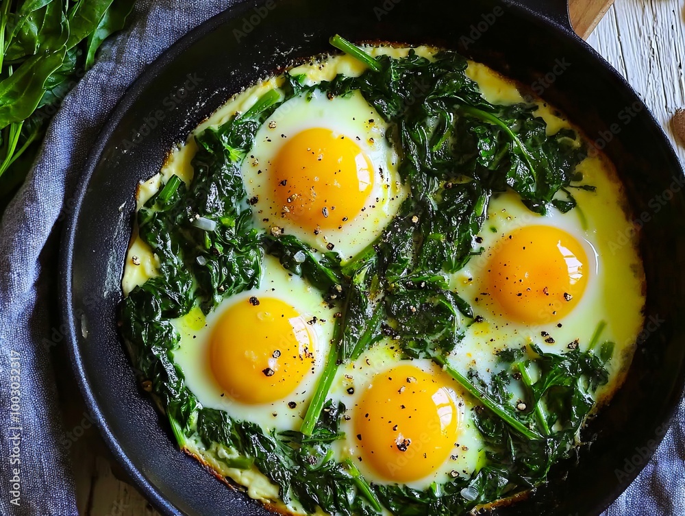 A pan filled with eggs and greens on top of a wooden table A pan filled with eggs and greens on top of a wooden table