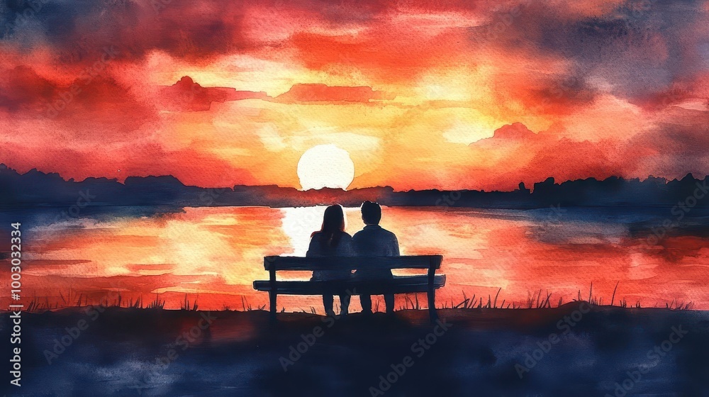 romantic couple sitting on bench watching beautiful sunset love and relationship concept watercolor painting romantic couple sitting on bench watching beautiful sunset love and relationship concept watercolor painting