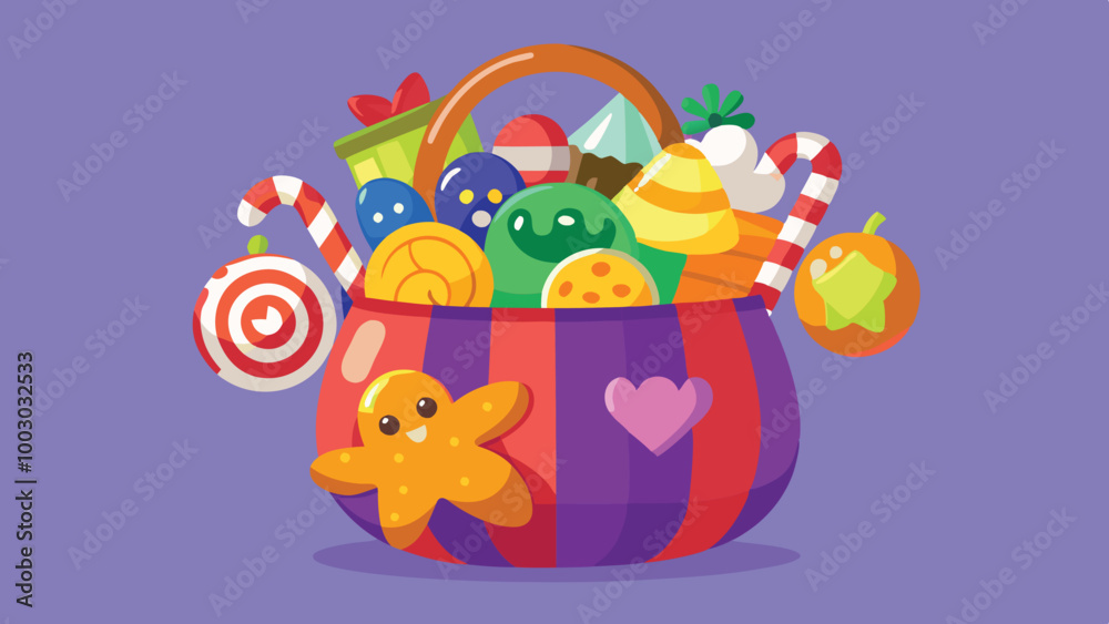 A colorful basket filled with various candies and treats, perfect for celebrating a festive occasion and enticing sweet lovers of all ages A colorful basket filled with various candies and treats, perfect for celebrating a festive occasion and enticing sweet lovers of all ages