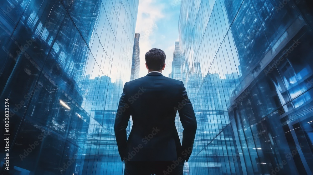 Fototapeta premium Back of businessman in suit with business office glass modern buildings background for financial freedom portfolio or company profit and strategy growth IPO poster
