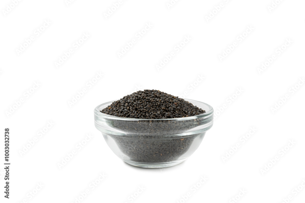 Basil seeds isolated on white background. Close-up. Superfood. Ocimum basilicum. Organic basil seeds. Basil seeds isolated on white background. Close-up. Superfood. Ocimum basilicum. Organic basil seeds.