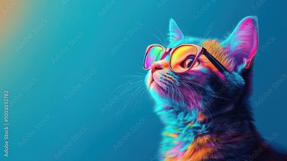 Banner with a multi-colored bright cat in glasses on a blue background, generation ai Banner with a multi-colored bright cat in glasses on a blue background, generation ai