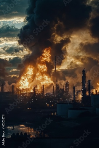 Large fire engulfing industrial plant at dusk with smoke billowing into the sky
