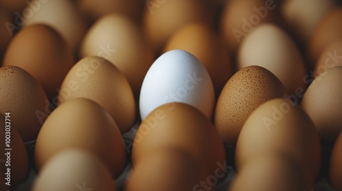 Unique white egg surrounded by brown eggs in a natural setting showcasing div...