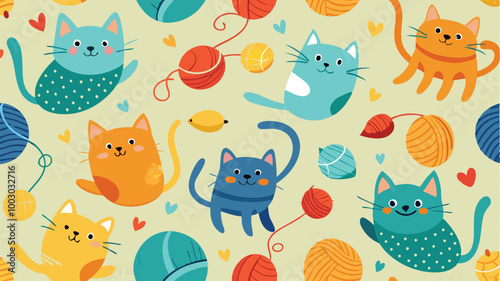 Colorful illustration of playful cats among yarn and paw prints, perfect for a cozy and cheerful atmosphere suitable for pet lovers