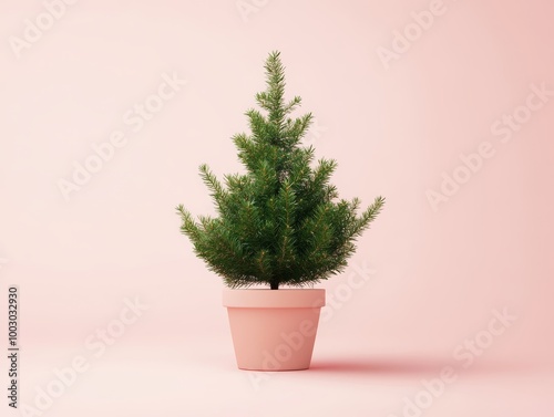The potted evergreen tree showcases lush green foliage while providing a serene and calming atmosphere in a soft pastel setting