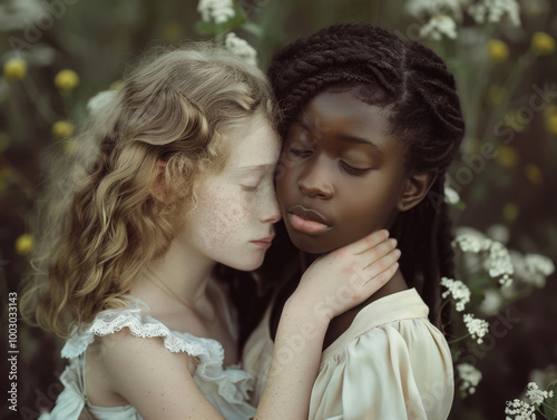 Two children embracing in a lush garden filled with delicate flowers during soft afternoon light