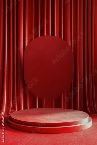 A vibrant red circular display set against a richly colored backdrop for mode...