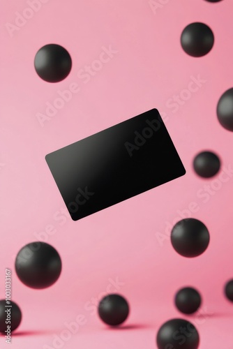 A black credit card floating among glossy black spheres on a soft pink backgr...