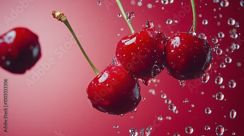 Fresh cherries splashing in water droplets against a vibrant red background d...