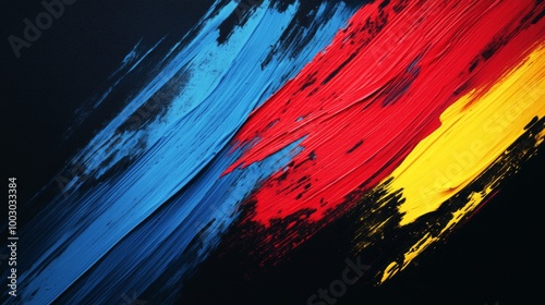 Vibrant abstract painting using blue, red, and yellow colors on a dark backgr...