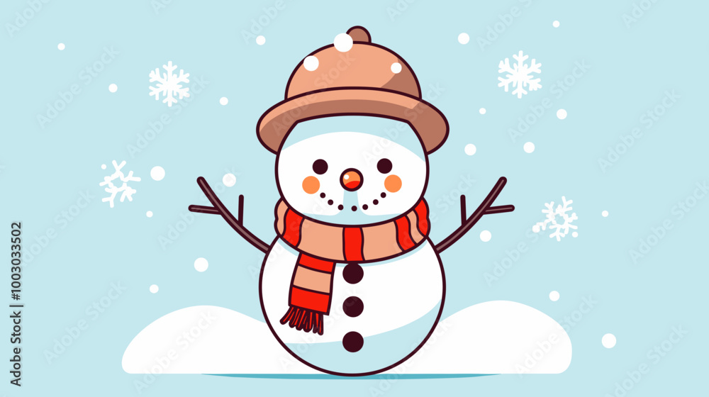 Smiling snowman with hat and scarf against snowy background Smiling snowman with hat and scarf against snowy background