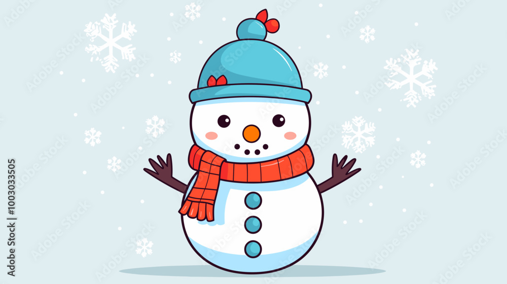 Fototapeta premium Cheerful snowman with hat and scarf waving against snowy background