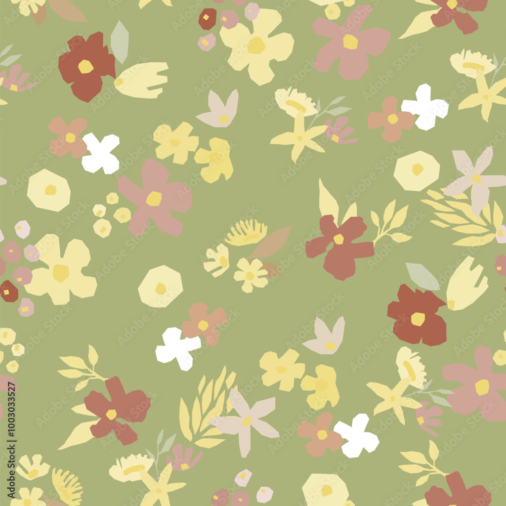 A seamless floral pattern featuring blooms and leaves botanical design on a green background. Flower vector art good for wrapping paper, textile print, fabric A seamless floral pattern featuring blooms and leaves botanical design on a green background. Flower vector art good for wrapping paper, textile print, fabric