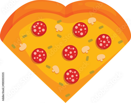 Heart shaped pizza with pepperoni and mushrooms is lying on white background