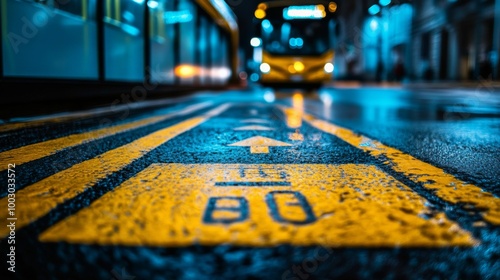 Bright yellow pedestrian crossing marked on an empty urban street during earl...