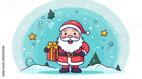 Cheerful Santa Claus with gift in snowy winter scene