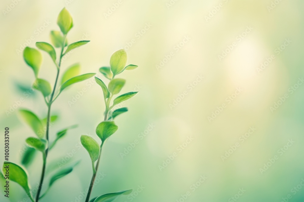 Delicate green leaves sprouting in natural light creating a peaceful and serene atmosphere in a soft focus background Delicate green leaves sprouting in natural light creating a peaceful and serene atmosphere in a soft focus background