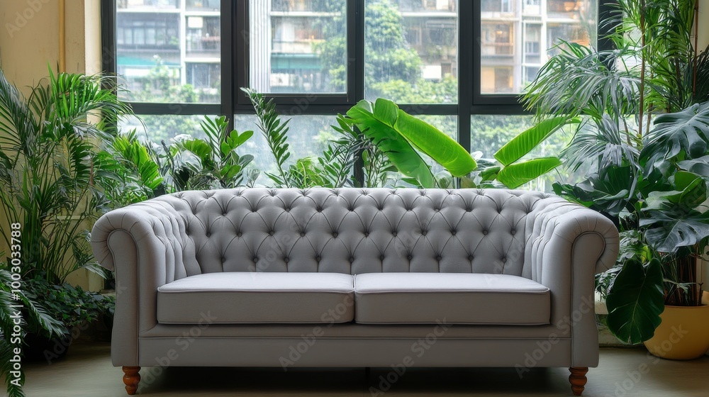 Cozy gray tufted sofa surrounded by lush indoor plants in bright natural light Cozy gray tufted sofa surrounded by lush indoor plants in bright natural light