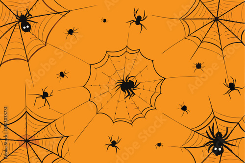 Dark spiders and intricate webs set against a vivid orange background create a striking Halloween-themed visual full of autumnal charm and mystery