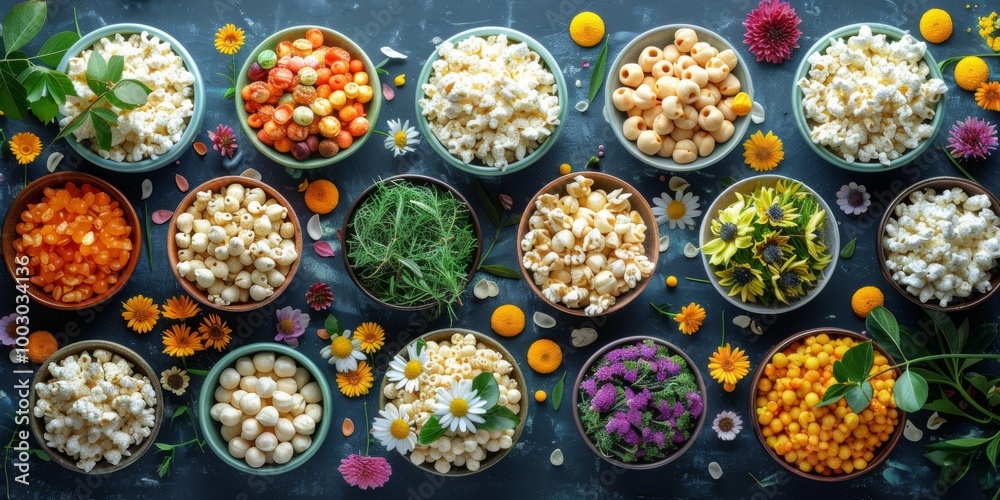 Food for US Summer Patriotic Holidays, vibrant display of various snacks in bowls surrounded by colorful flowers on dark background, festive and fresh atmosphere, for summer gatherings Food for US Summer Patriotic Holidays, vibrant display of various snacks in bowls surrounded by colorful flowers on dark background, festive and fresh atmosphere, for summer gatherings