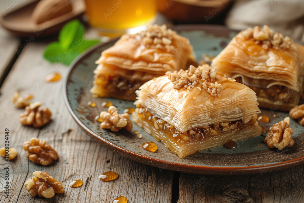 Close up of plate full of delicious sweet baklava with walnuts Close up of plate full of delicious sweet baklava with walnuts