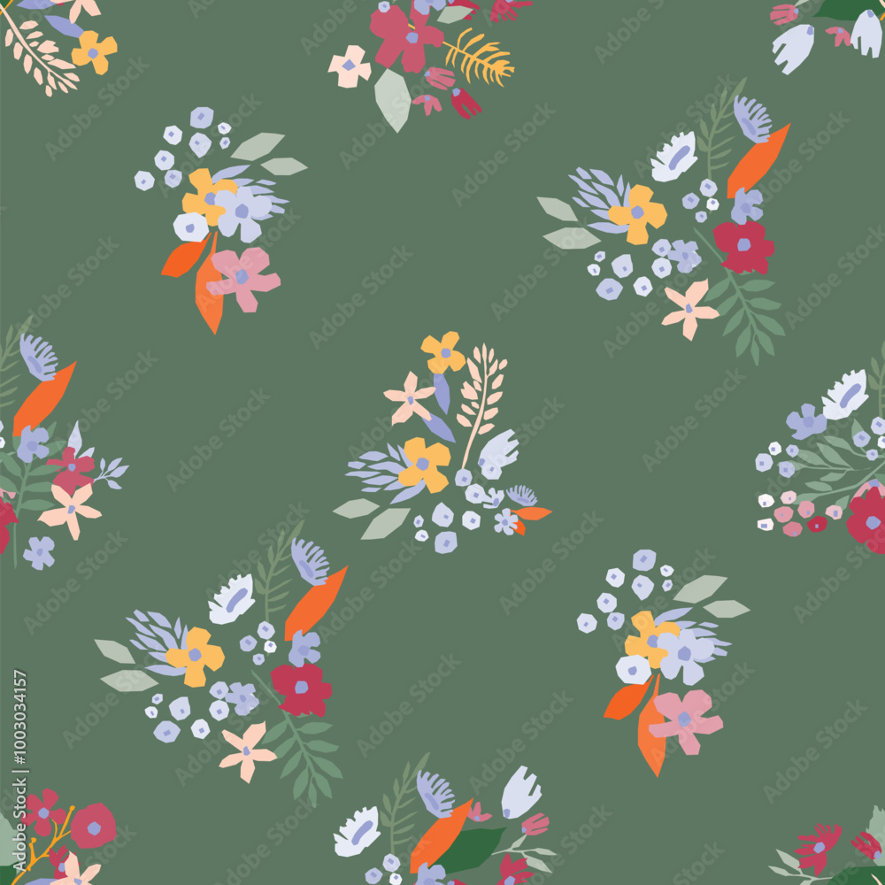 A seamless floral pattern featuring blooms and leaves botanical design on a green background. Flower vector art good for wrapping paper, textile print, fabric