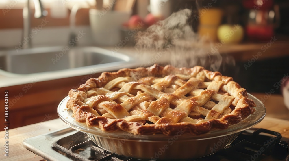 rustic kitchen countertop with freshly baked apple pie steam rising golden crust and cinnamondusted apples visible through lattice top rustic kitchen countertop with freshly baked apple pie steam rising golden crust and cinnamondusted apples visible through lattice top