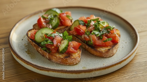 Delicious bruschetta topped with fresh tomatoes and cucumbers served on a wooden platter