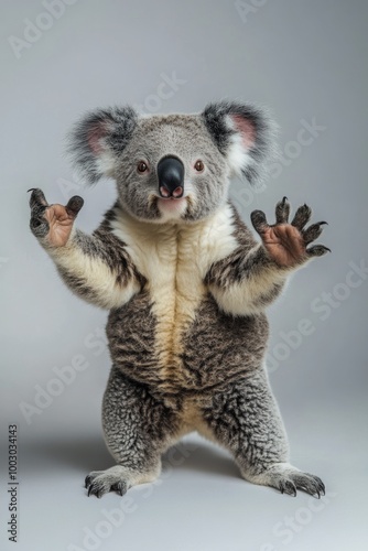 In a bright studio setting, a charming koala stands on its hind legs, playful...