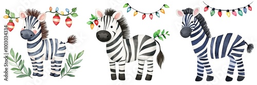 Three colorful zebras with decorations and foliage  on white isolated background.