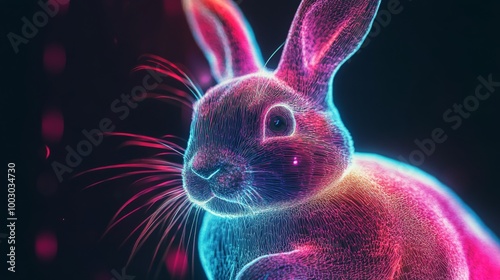 Colorful neon rabbit illustration with glowing outlines against a dark backgr...