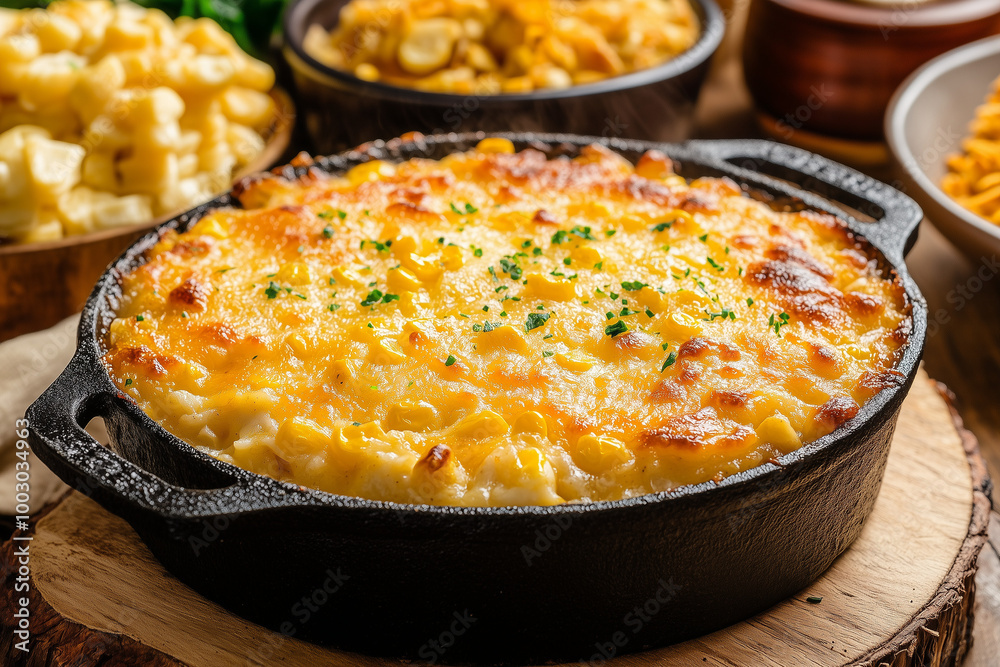 Golden baked corn casserole in cast iron skillet with chives