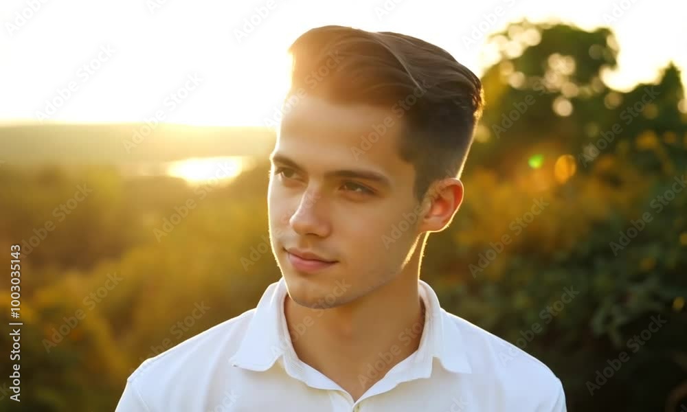 Portrait of young man outdoors with very handsome face in white casual shirt against natural background Portrait of young man outdoors with very handsome face in white casual shirt against natural background