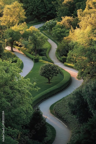 Serene winding path through lush greenery in a tranquil forest setting during...