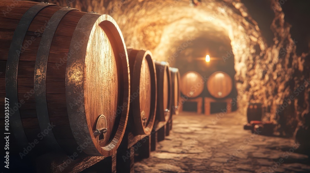 rustic wine cellar ambiance rows of old wooden barrels stacked in dimly lit stone cellar warm golden light highlighting rich textures creating an atmosphere of timeless craftsmanship
