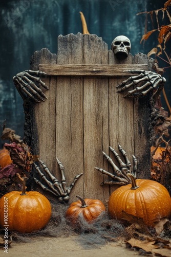 Seasonal autumn display with carved pumpkins and a wooden sign in a festive H...