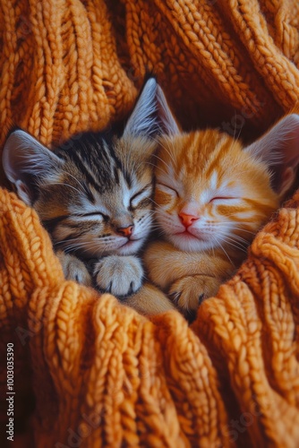 Two adorable kittens sleeping together in warm orange blanket during a cozy a...