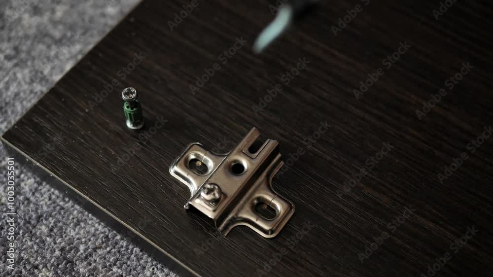 Installing hinges on a furniture door using a Phillips screwdriver. furniture assembly. Installing hinges on a furniture door using a Phillips screwdriver. furniture assembly.