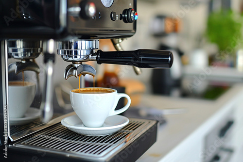 Close-up of a coffee drop from the coffee machine. Espresso coffee extraction from a professional coffee machine with a bottomless filter. 