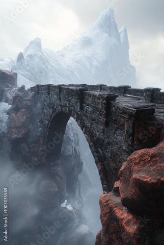 Ancient stone bridge surrounded by mist and vibrant red foliage in a mystical...