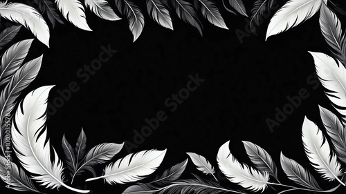 white feather themed border frame on black background