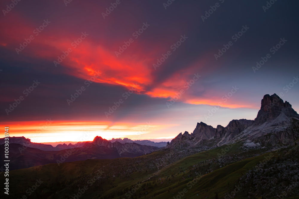 Fototapeta premium Colorful sunset in the Dolomite mountains at Passo Giau.
