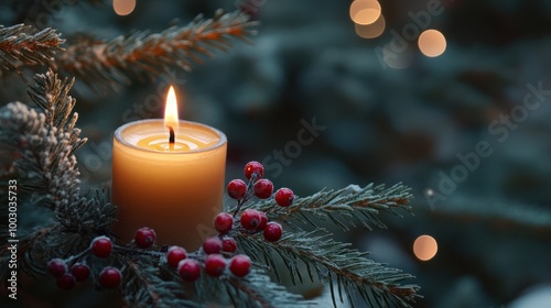 Close up of a candle in a spruce tree with berries
