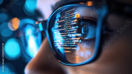 close up eye with glasses, coding reflective glasses, programmer use AI to help with work in office